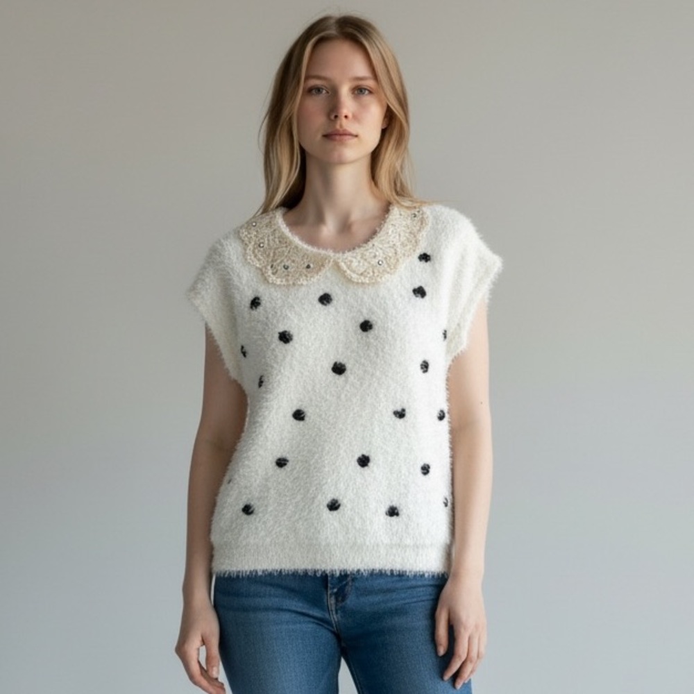 White Fuzzy sweater Top with Black Polka Dots and crochet Peter Pan collar